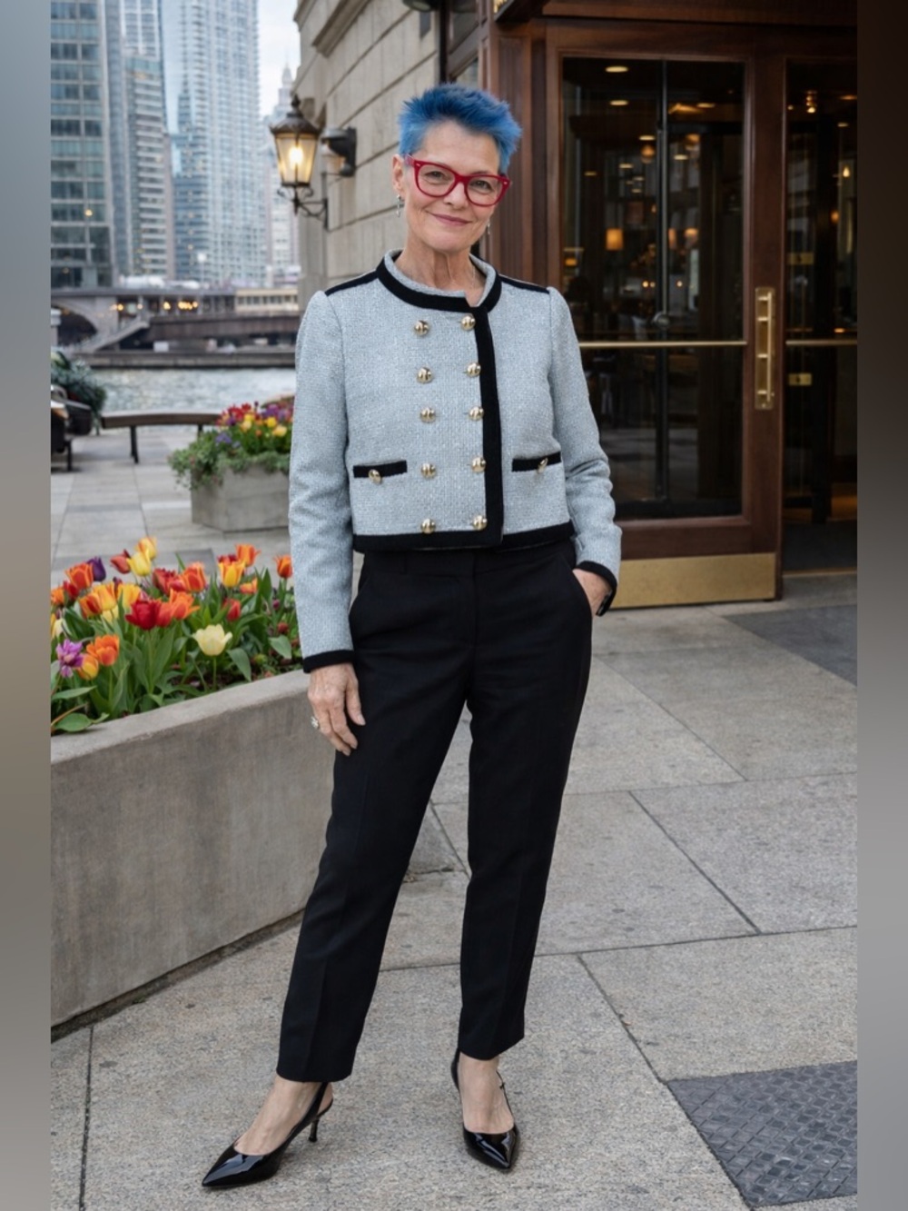 Showpo Gina Jacket Ice Blue Tweed Lady Jacket Crop Black Trim Silver Buttons W-S